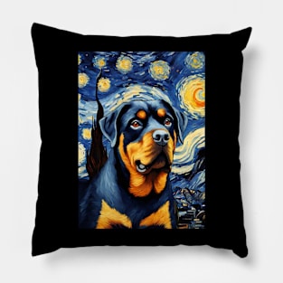 Rottweiler Dog Breed in a Van Gogh Starry Night Art Style Pillow