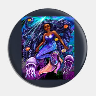 mermaid underwater with flowing shimmering blue black braids fish and jelly fish  , brown eyes curly Afro hair and caramel brown skin Pin