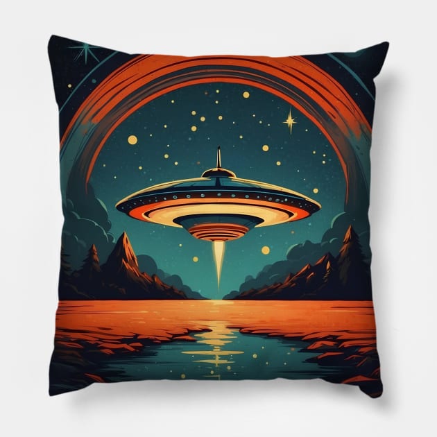 Beautiful Starry Night UFO Invasion Pillow by VivaLaRetro