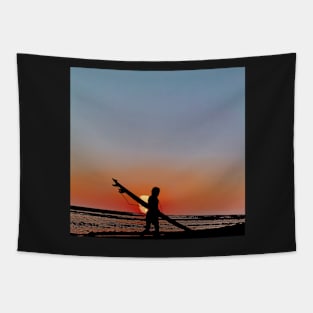 Silhouette of Surfer on Beach Tapestry