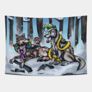 Holiday Wolves Scene Tapestry