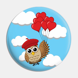 Cute Owl Flying with Heart Balloons in Blue Sky Pin