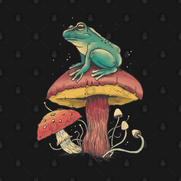 Frog sat on Mushroom Cottagecore Goblincore Forest by uncommontee