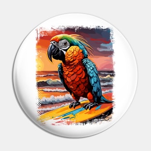 Parrot Surfing Cute Colorful Comic Illustration Pin