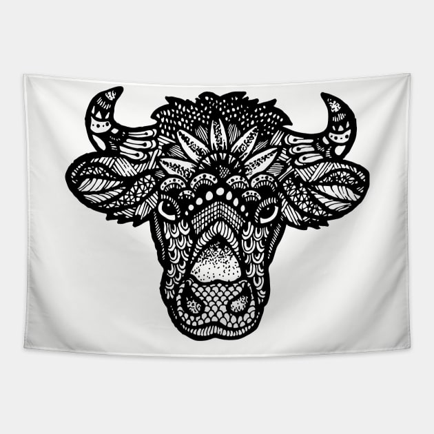 Zentangle Cow Head Tapestry by melaniepetersonart