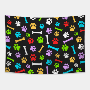 Colorful Dog Paw & Bones Seamless Pattern on Black Background Tapestry