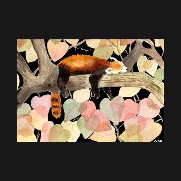 Red Panda with fall foliage at night Watercolor Illustration by Sandraartist