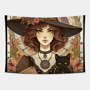 Cat and witch woman Tapestry