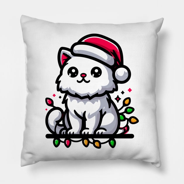 Cute Christmas Cat Santa Hat Christmas Lights Adorable Pillow by Francois Ringuette