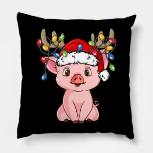 Pig With Santa Hat Reindeer Antlers Christmas Lights Pillow