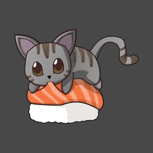 Grey Cat Salmon Sushi T-Shirt