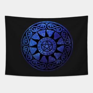 Five Elements Runic Magical Pentacle -  Blue Version Tapestry