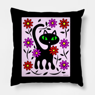 Black Kitty Cat in Flower Garden Pillow