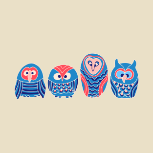 WOO HOO Owls Cute Funny Birds Forest Woodland Nature Wildlife in Blue Red Pink Cream - UnBlink Studio by Jackie Tahara T-Shirt