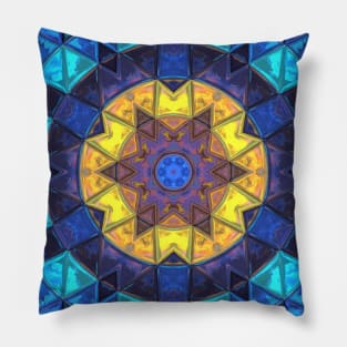 Mosaic Kaleidoscope Flower Blue and Yellow Pillow