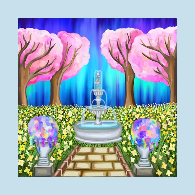 Daffodil Cherry Blossom Fountain Garden of Spring by Art by Deborah Camp