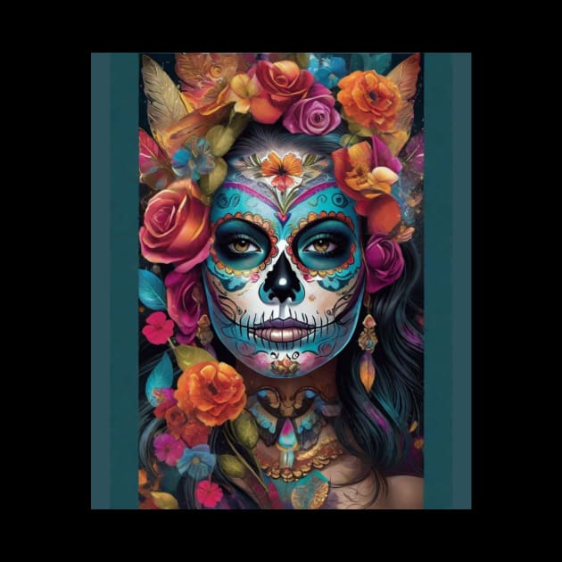 Floral Fiesta: Woman Embraces Dia de los Muertos with Sugar Skull Makeup by ImaginativeInkPOD