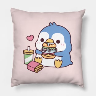 Cute Blue Penguin Eating Fish Burger Pillow