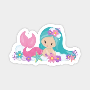 Cute Mermaid, Little Mermaid, Flowers, Blue Hair Magnet