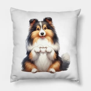 Valentine Shetland Sheepdog Giving Heart Hand Sign Pillow