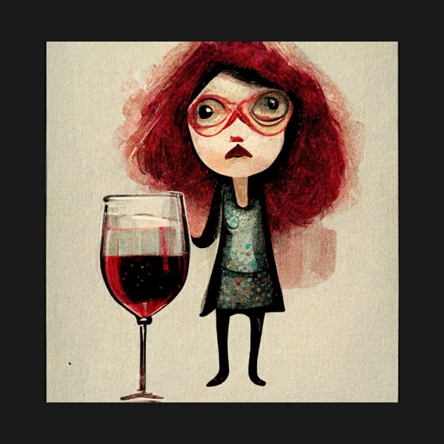 Woman wearing glasses and standing with her big glass of red wine. by Liana Campbell