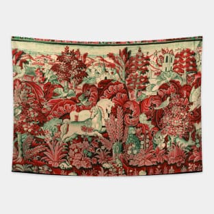 FANTASTIC ANIMALS AND HORSES IN WOODLAND Red White Green Antique French Tapestry Tapestry