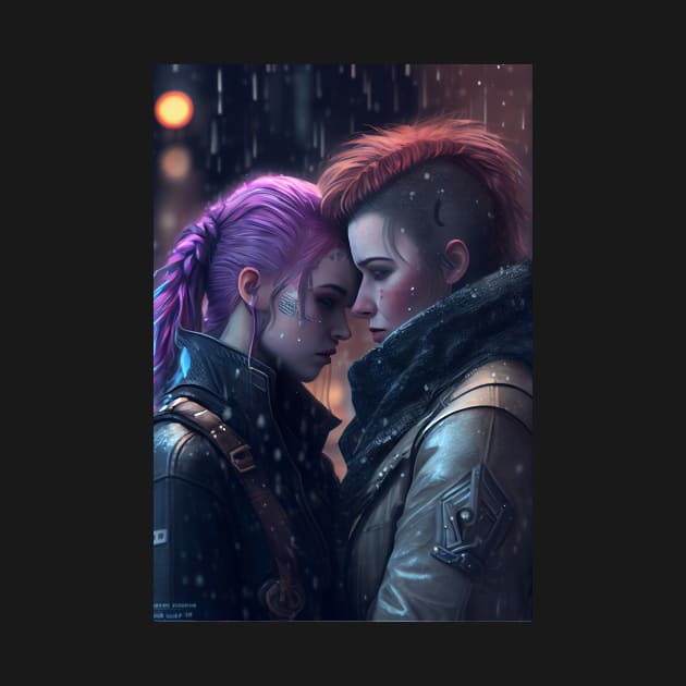 Futuristic Cyberpunk Lesbian Lovers Embrace in Emotional Portrait by Cyber Punks AI