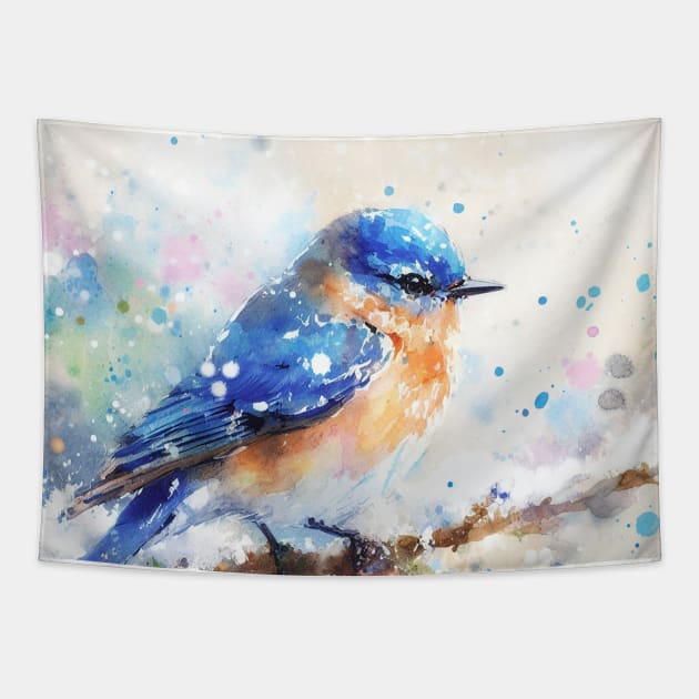 Colorful little blue bird sitting on a tree branch Tapestry by WelshDesigns