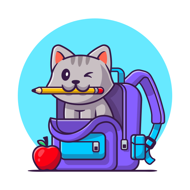 Cute Cat Biting Pencil With Bag And Apple Cartoon by Catalyst Labs