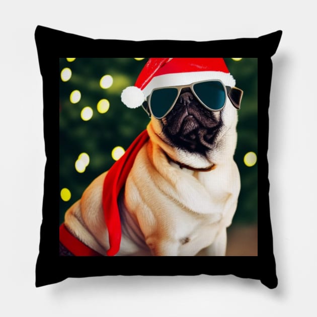 Christmas pug in Santa's hat Pillow by Apparels2022