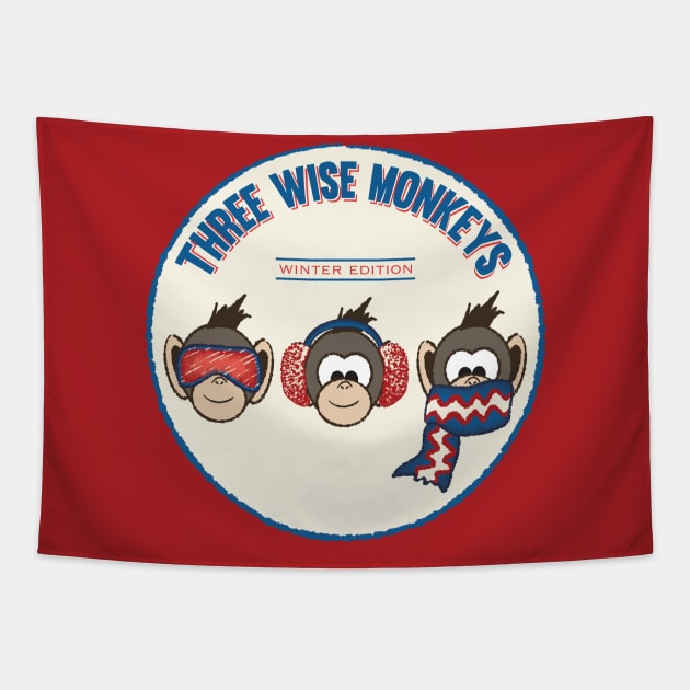 Three Wise Monkeys Winter Edition Tapestry by Scrabbly Doodles