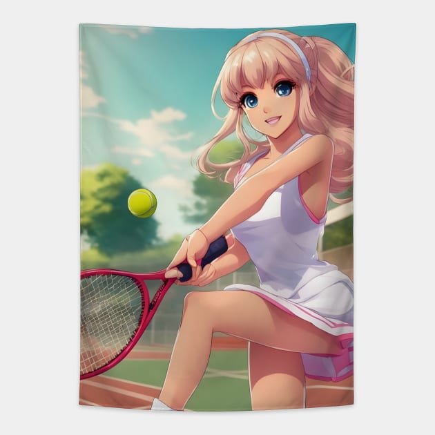 anime girl holding a tennis racquet Tapestry by animegirlnft