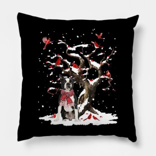 Black Boston Terrier Scarf Cardinal Snow Christmas Pillow