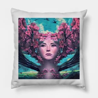 Beautiful portrait of pretty young woman face with flowers in spring Pillow