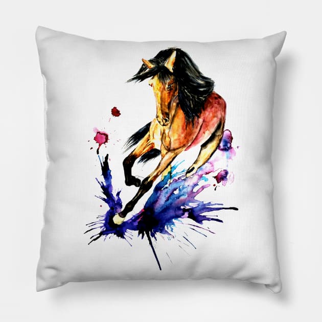 running horse watercolor Pillow by NemfisArt