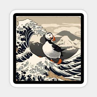 Vintage Retro Puffin Bird Surfing in the Great Wave Japanese Culture Magnet