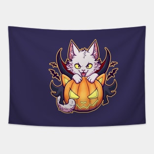 cute white cat wearing dracula costume with a halloween pumpkin Tapestry