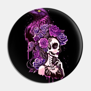 Raven and La catrina, calavera, Lady skull, sugar skull, dark, skeletons lovers, cool skulls, bones, gothic floral lady Pin