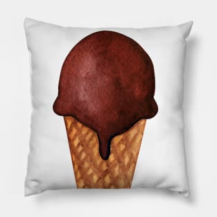 Chocolate ice cream with crispy waffle cone. Watercolor food illustration isolated on white. Design for fabric, wallpaper, menu, packaging, print, wrapping, baby room. Pillow