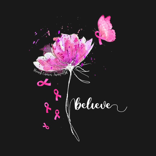 Disover Womens Believe Flower-Butterfly Breast Cancer - Breast Cancer Awareness - T-Shirt