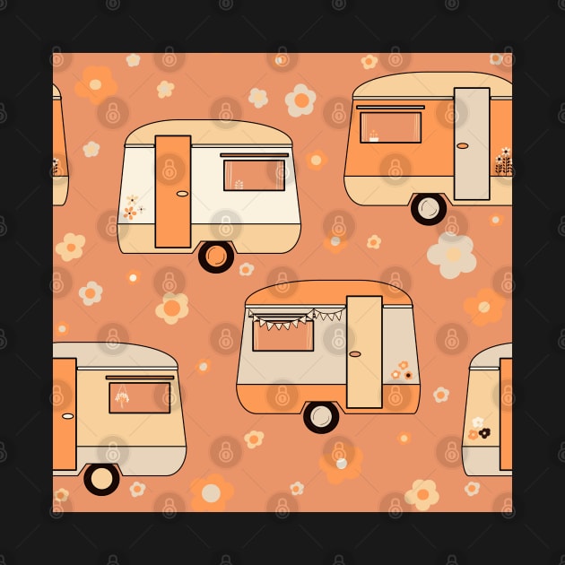 Repeat pattern of cute vintage caravans in retro colours on orange by NattyDesigns