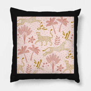 cheetahs and parrots in the jungle | melon and gold  | repeat pattern Pillow