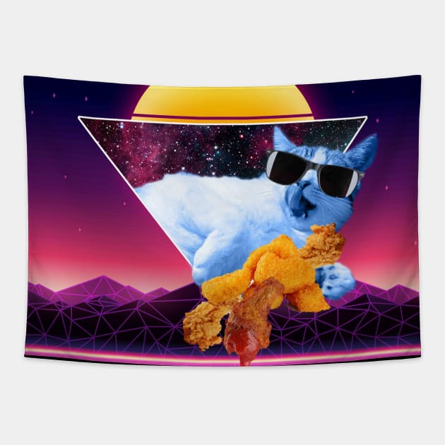 Aesthetic Synthwave Cat Fried Chicken Tapestry by Random Galaxy