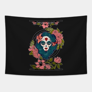 Sugar Skull Girl Floral Magnolia Tapestry