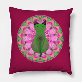 Mandala with cat in pink and green. Pillow