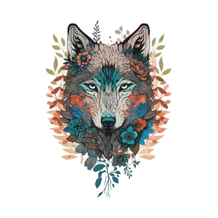 Wolf Head Floral Design T-Shirt