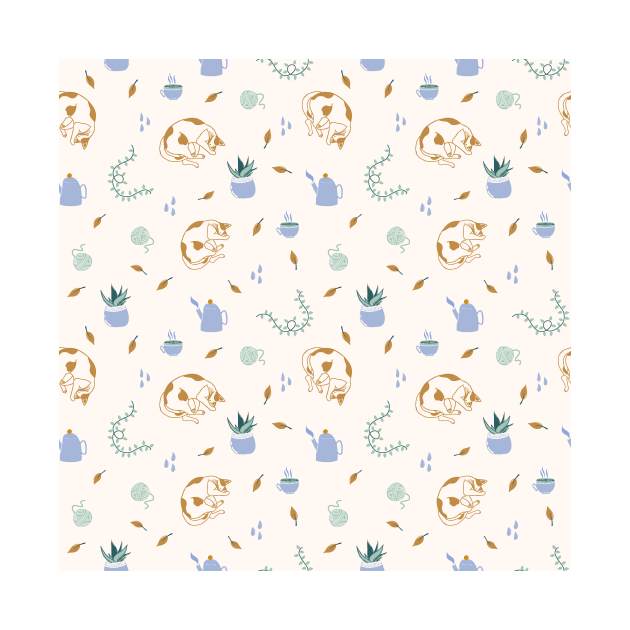 Seamless pattern with cats, falling leaves, lights, cozy home stuff by DanielK