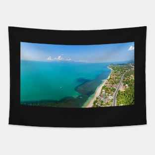 Aerial panoramic view of ocean, beach and blue cloudy sky Tapestry