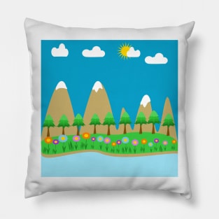 A scenic landscape with a mountains, trees,  sky, clouds and a river with boat Pillow