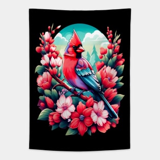 Cute Northern Cardinal Surrounded by Vibrant Spring Flowers Tapestry